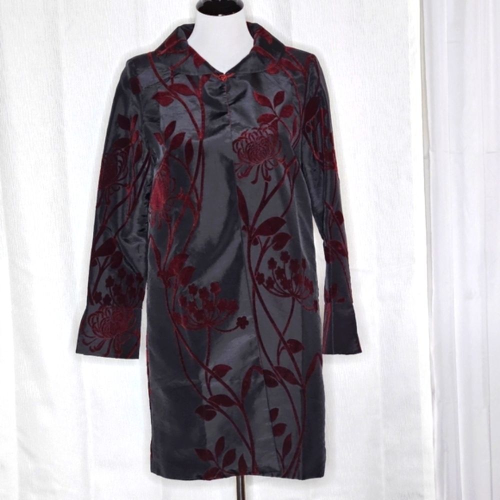 Grace Chuang New York Black & Red Floral Velvet Textured Mid Length Jacket